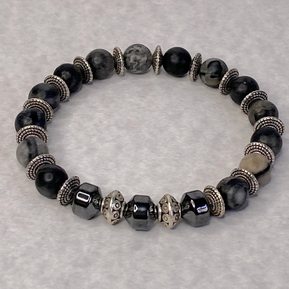 Hematite matte agate silver beaded bracelet unisex